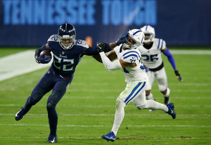 Pity the defensive back—here, Colts safety Khari Willis—who finds Henry downfield, approaching at an angle.